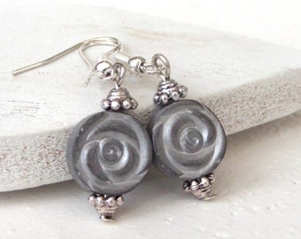 Silver hematite earrings, thinking of you gift for mum, silver coin earrings, sterling silver or silver plated