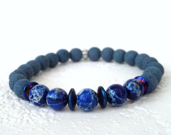 Blue lava stone bracelet for men, anniversary gift for partner, fathers day gift