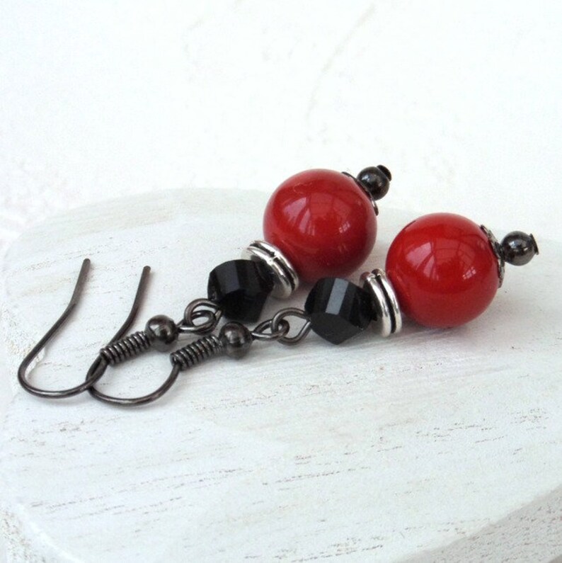 Red shell and black crystal earrings, miss you letterbox gift, dramatic statement jewellery, red and black earrings image 4