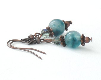 Copper earrings, green jade earrings, miss you gift, unusual gemstone earrings, 30th birthday gift