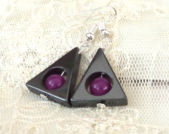 Anniversary gift for wife, triangle hematite earrings,  40th birthday gift for sister, exam congratulations