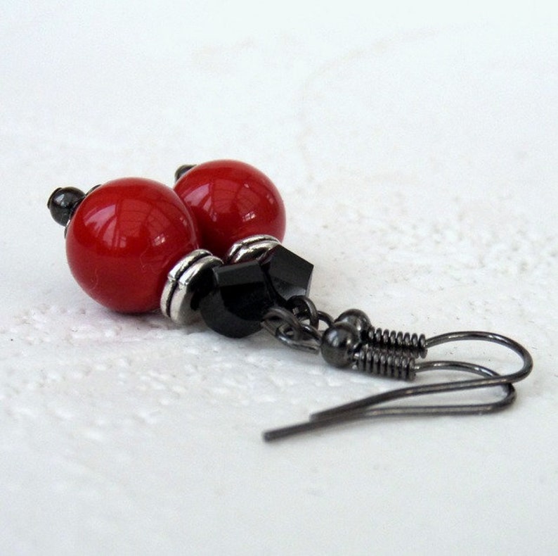 Red shell and black crystal earrings, miss you letterbox gift, dramatic statement jewellery, red and black earrings image 3