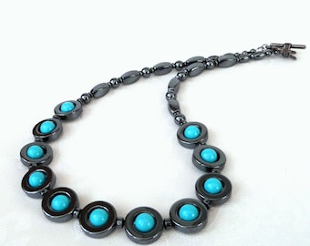 Hematite necklace with turquoise blue jade,  birthday gift for mum, anniversary gift