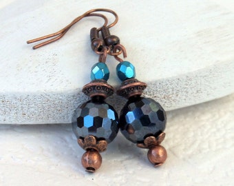 Blue crystal copper earrings,  vintage theme party, thank you gift, 30th birthday present, 15th anniversary gift for wife