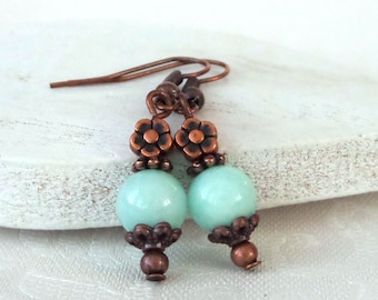 Copper earrings, turquoise jade earrings, thank you gift, surprise birthday present, wedding anniversary gift