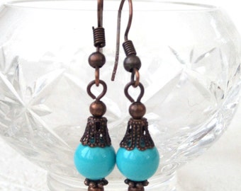 Turquoise jade copper earrings, birthday present for sister, handmade unique earrings, under a tenner