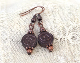 Chocolate hematite copper earrings, brown hematite coin earrings, miss you gift