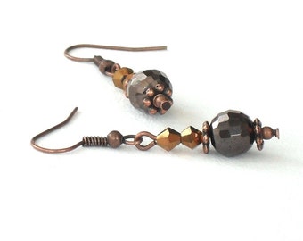 Crystal copper earrings with brown and copper crystals, vintage style earrings anniversary gift for wife