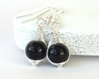 Wire wrapped earrings with black onyx, gift for partner, wedding anniversary, elegant black earrings