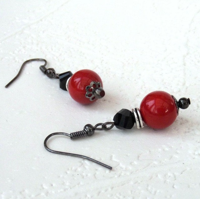 Red shell and black crystal earrings, miss you letterbox gift, dramatic statement jewellery, red and black earrings image 2