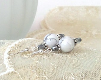 Howlite grey and white earrings, unusual gemstone earrings, thank you gift