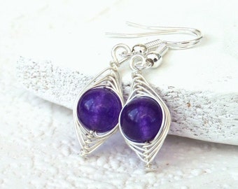 Purple wire wrapped earrings with quartz, special anniversary gift, letterbox gift