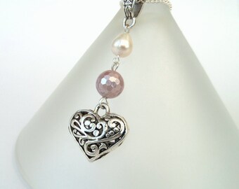 Heart charm pearl  necklace with pink shell, gift for wife or partner, handmade pearl jewellery