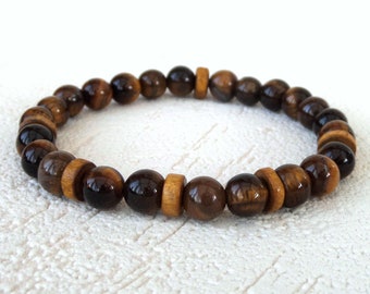 Tigers eye and wood men's bracelet, gifts for men, anniversary gift for partner