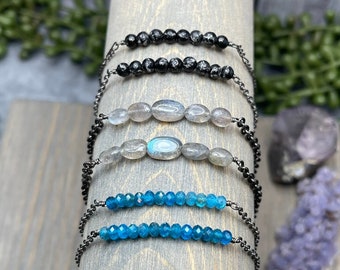 Stackable Beaded Gemstone Bar Bracelets in Jet with Pyrite Inclusions, Labradorite, Neon Blue Apatite