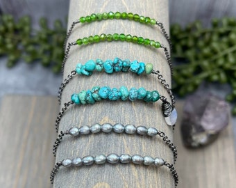 Stackable Beaded Gemstone Bar Bracelets in Chrome Diopside, Turquoise and Freshwater Pearl