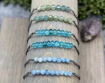 Stackable Beaded Gemstone Bar Bracelets in Green Apatite, Blue Lace Agate & Blue Apatite