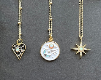 Gold-Filled Celestial Necklace: Opal Starburst, Moon, Heart Charms