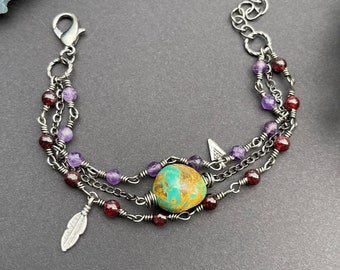 Layered Kingman Turquoise, Amethyst & Red Garnet Bracelet - Layered Bracelet - Crystal Bracelet - Gemstone Bracelet - Multi Chain Bracelet