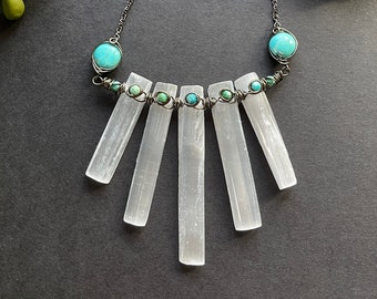 Short Selenite & Turquoise Statement Necklace - Selenite Necklace - Turquoise Necklace - Short Crystal Necklace - Gemstone Necklace