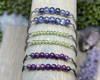 Stackable Beaded Gemstone Bar Bracelets in Iolite, Peridot, and Lepidolite