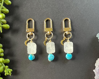 Gold Wire Wrapped Drusy Quartz Keychain: Turquoise Gemstone Purse Charm