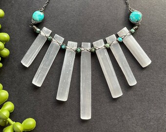 Short Selenite & Turquoise Statement Necklace - Selenite Necklace - Turquoise Necklace - Short Crystal Necklace - Gemstone Necklace