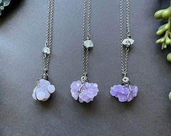 Short Grape Agate & Diamond Quartz Necklaces - Grape Agate Necklace - Crystal Necklace - Gemstone Necklace - Wire Wrapped Necklace