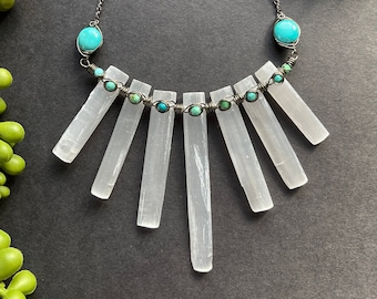 Short Selenite & Turquoise Statement Necklace - Selenite Necklace - Short Crystal Necklace - Crystal Statement Necklace - Gemstone Necklace