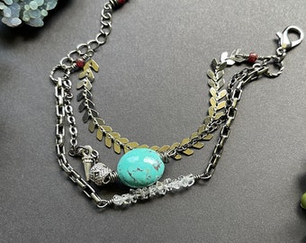 Layered Kingman Turquoise & Diamond Quartz Bracelet - Layered Bracelet - Crystal Bracelet - Gemstone Bracelet - Turquoise Bracelet