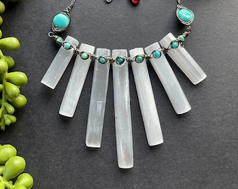 Short Selenite & Turquoise Statement Necklace - Selenite Necklace - Turquoise Necklace - Crystal Necklace - Gemstone Necklace