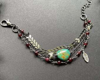 Layered Kingman Turquoise & Red Garnet Bracelet - Layered Bracelet - Crystal Bracelet - Gemstone Bracelet - Multi Chain Bracelet