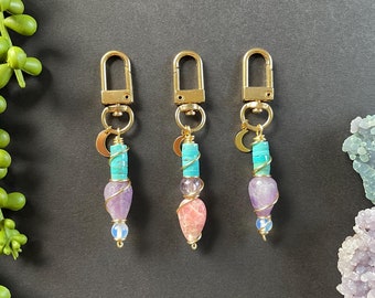 Gold Wire Wrapped Crystal Keychain: Turquoise, Amethyst, Rhodochrosite Purse Charm