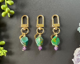 Gold Wire Wrapped Chrysocolla Amethyst Keychain: Moon Purse Charm