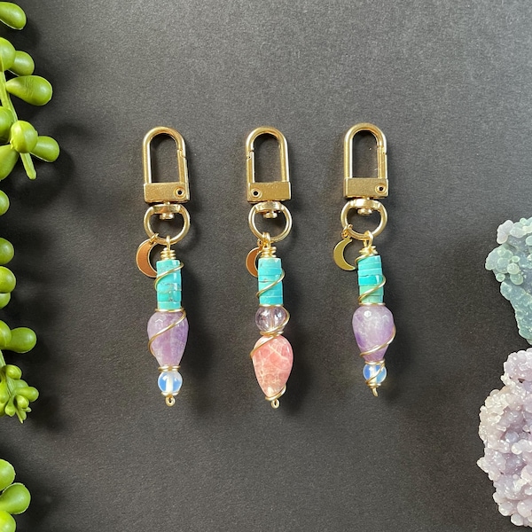 Gold Wire Wrapped Crystal Keychain: Turquoise, Amethyst, Rhodochrosite Purse Charm