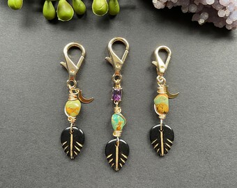 Gold Leaf Turquoise Keychain: Boho Crystal Purse Charm