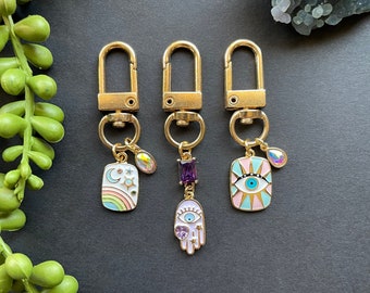 Gold Filled Charm Keychains - Third Eye Keychain - Celestial Keychain - Turquoise Keychain - Hamsa Keychain - Purse Charms - Gold Keychain