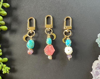 Gold Wire Wrapped Crystal Keychain: Turquoise, Amethyst & Opal Purse Charm