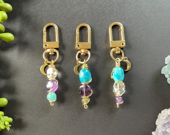 Gold Wire Wrapped Gemstone Keychain: Turquoise, Amethyst, Quartz Purse Charm