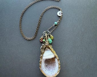 Long Agate Geode Necklace with Tourmaline & Turquoise