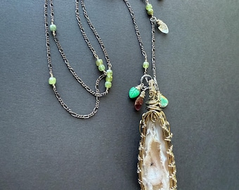 Long Agate Geode Necklace with Tourmaline, Chrysoprase, Turquoise