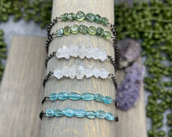 Stackable Beaded Gemstone Bar Bracelets in Green Apatite, Diamond Quartz & Blue Apatite