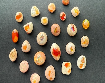 May include: A selection of polished opal gemstones in diverse shapes and sizes. The opals exhibit a spectrum of colours, including orange, red, yellow, and white, with distinctive patterns and internal fire. The gemstones are arranged on a dark surface.