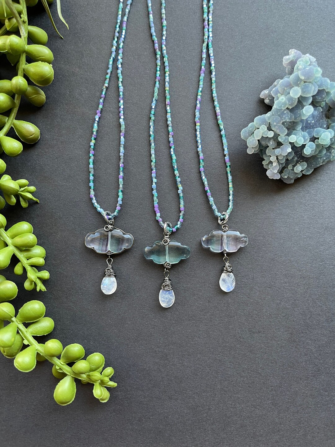 Short Fluorite Cloud & Rainbow Moonstone Raindrop Necklaces Crystal