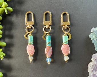 Gold Wire Wrapped Gemstone Keychain: Turquoise, Rhodochrosite, Chalcedony