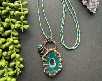Druzy Agate Slice & Tourmaline Beaded Necklace: Long Geode Crystal