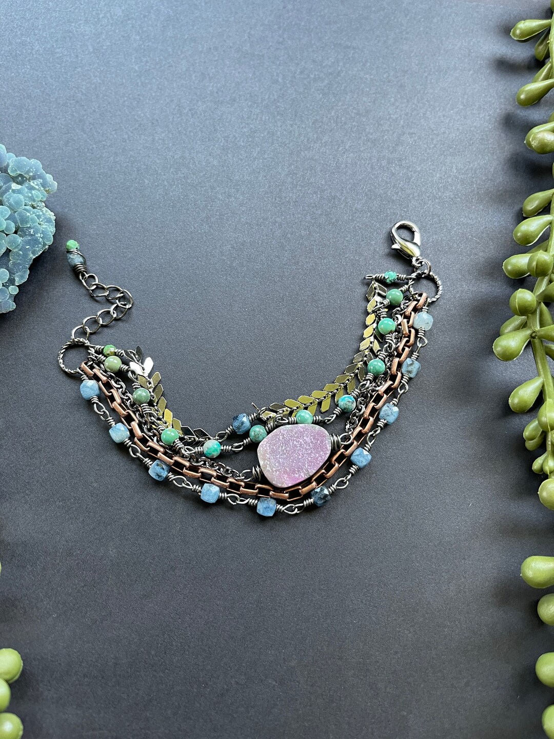 Turquoise Colcite Layered Cobaltoan Calcite, Turquoise & Aquamarine Bracelet - Layered ...