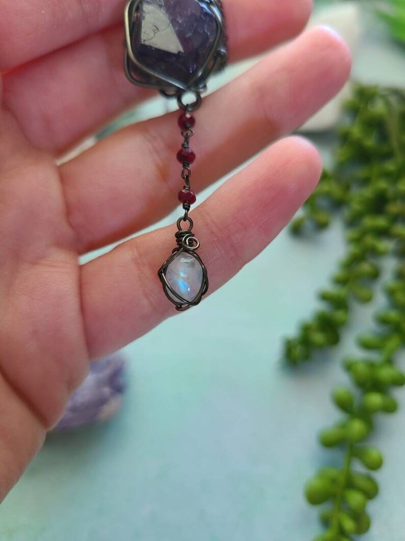 Gemstone Necklace Fluorite Fluorite Necklace Ruby /& Rainbow Moonstone Necklace Short Crystal Necklace