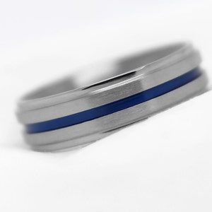 6 mm Titanium Wedding Ring, Blue Ceramic plated line, Titanium Ring, Blue Titanium Band, Brushed Two Tone Anniversary Ring, Engagement Band