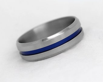 Titanium Ring for Men with Blue Ceramic lines, Blue Titanium Wedding Band Anniversary Ring Engagement Ring for Men
